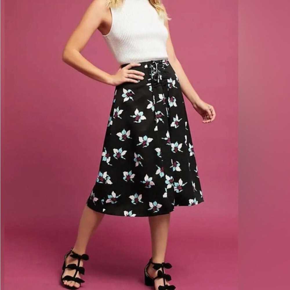 Anthropologie Maeve Lace-up Floral Black Skirt